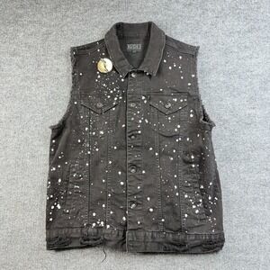 Rude Trucker Vest Mens Black Denim Distressed Paint Splatter Retro Biker - Large